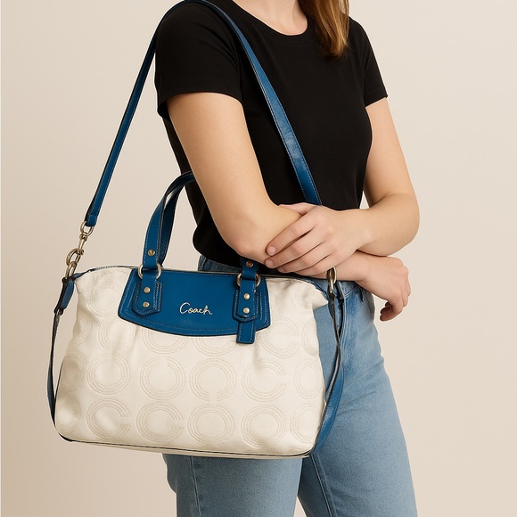 Coach Ashley Dotted OP Art Satchel Cream & Blue Patent Trim 13x8.5 - Picture 1 of 10